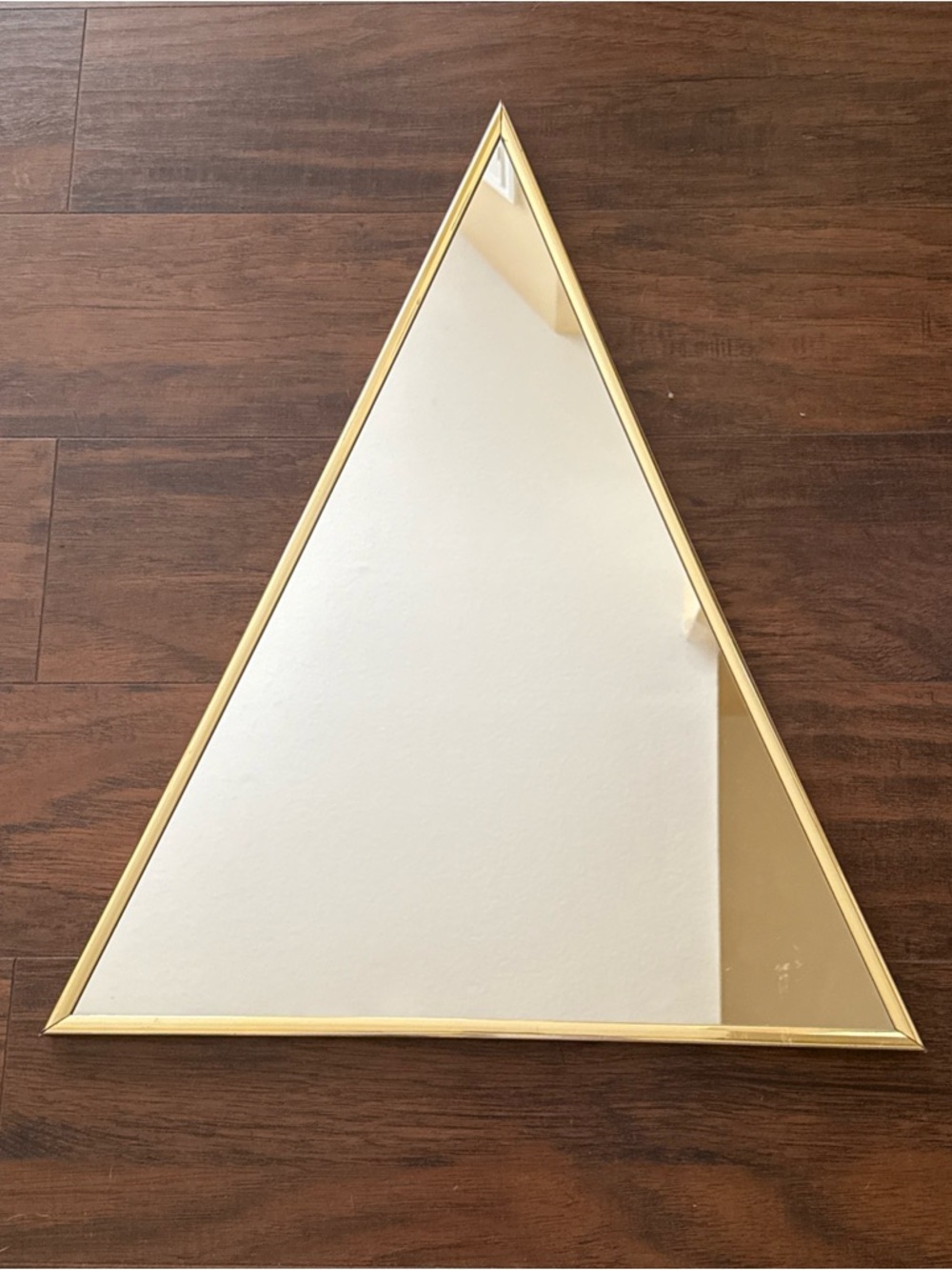 Vtg MCM Triangular Mirror With Gold Colored Metal Frame; Handmade Framing; 24” H